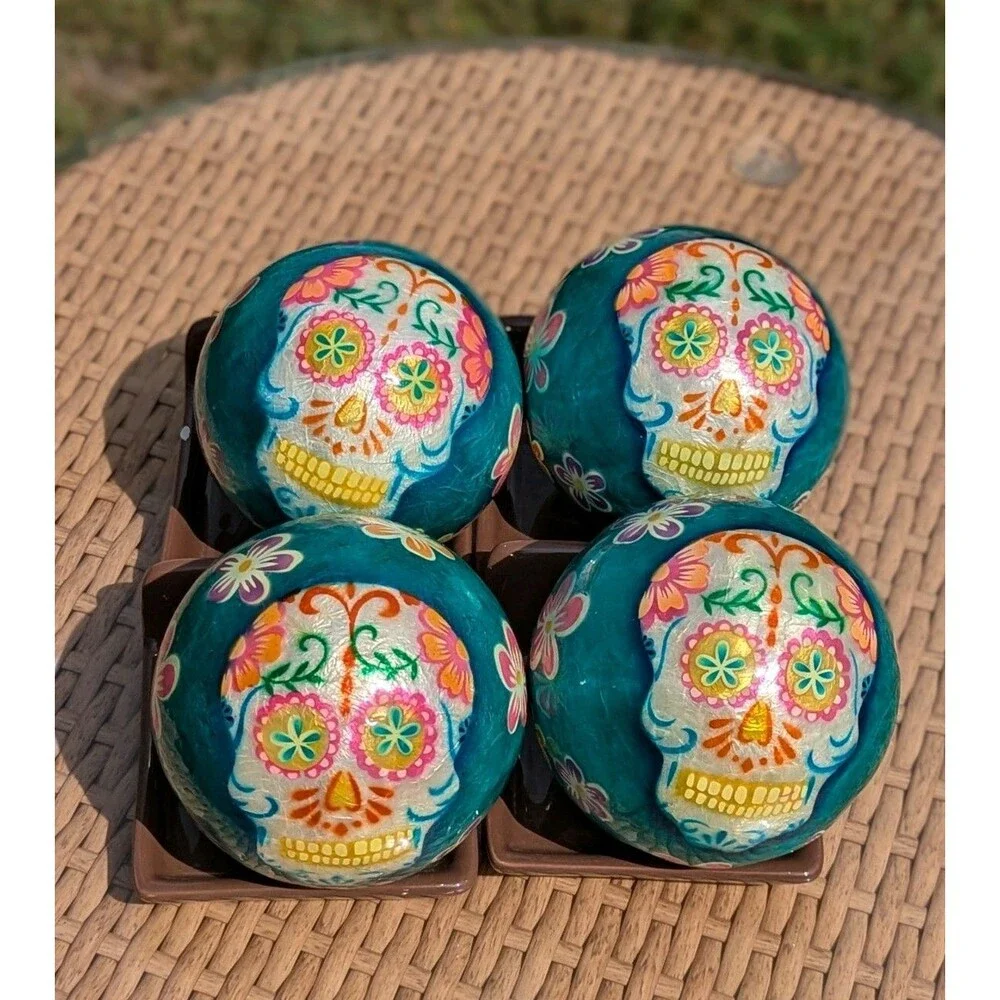 Pier 1 Day of the Dead Sugar Skulls LOT OF 8 Decorative Balls Halloween Skulls‎